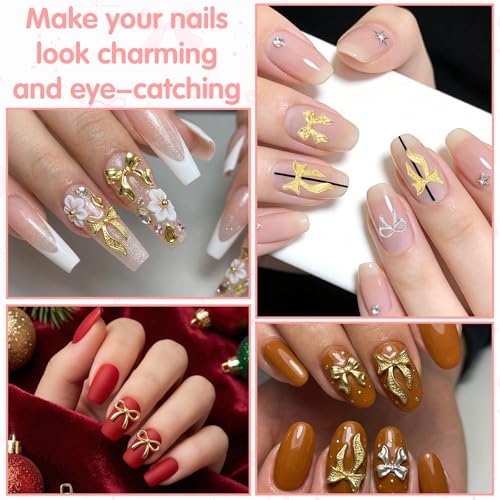 Ouligay 96 PCS Metal Bow Nail Charms 3D Gold and Silver Nail Art Decors