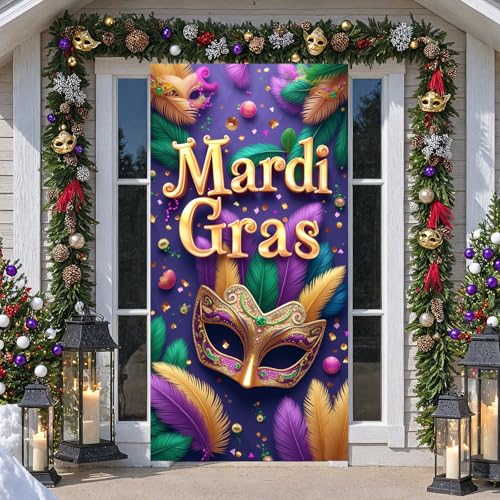 Mardi Gras Door Cover Banner - Purple Mask Fat Tuesday Decor