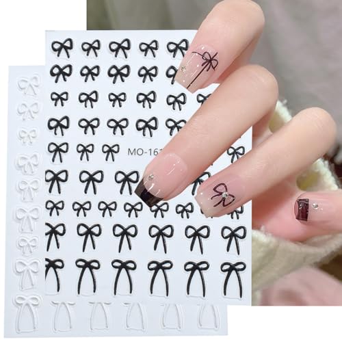 3D French Bow Nail Art Stickers - Self-Adhesive Red White & Black Bow Decals (4 Sheets)