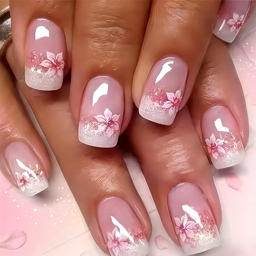 Pink White Gradient French Tip Press On Nails with Silver Glitter & Flower Design - Short Square Fake Nails Set
