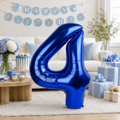 Navy Blue 40 Inch Number 4 Balloon - Self-Inflating Foil for Parties