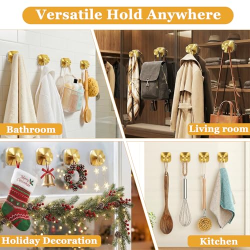 Gold Suction Cup Hooks for Shower - Heavy Duty No Drill Towel Holders, 4 Pack