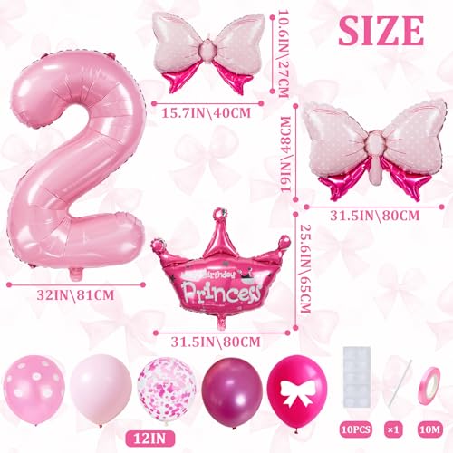 32-Inch Number 2 Balloon Set with Crown & Bows - Pink Princess Party Decor