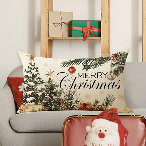 Merry Christmas Tree Lumbar Throw Pillow Cover, 12 x 20 Cotton Linen