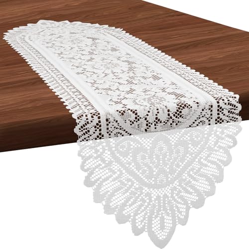 Vintage Floral Lace Table Runner - 45" x 13" Crochet Dresser Scarf