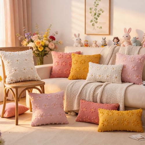 Floral Plush Throw Pillow Covers - Set of 2, 12x20 Inch, Yellow
