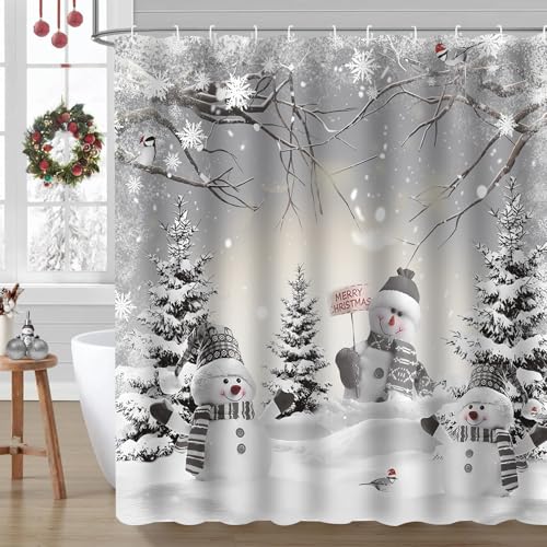 Christmas Shower Curtain Set with Snowman & Tree Design - 72x72
