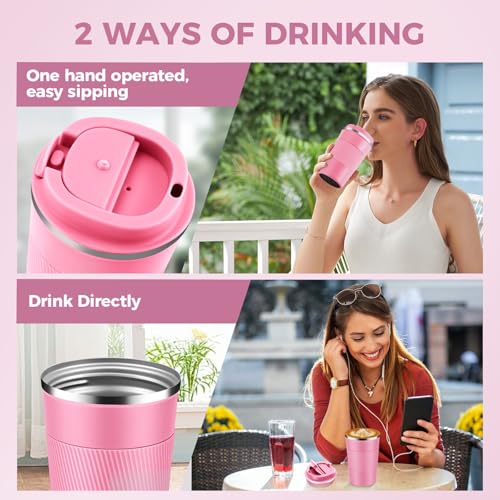 Volhoply Pink 13oz Stainless Steel Insulated Travel Coffee Cup with Leak-Proof Lid