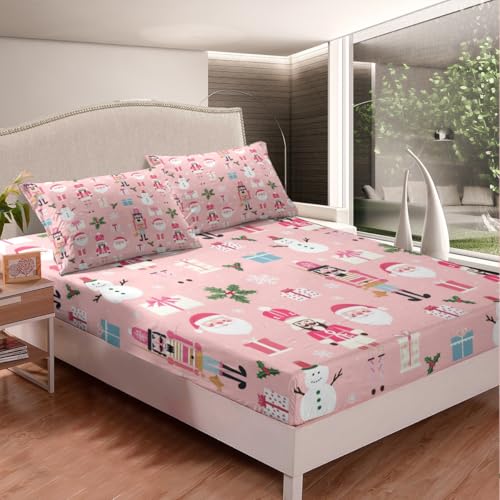 Pink Christmas Nutcracker Bed Sheets Set Queen Size No Flat Sheet Christmas 07