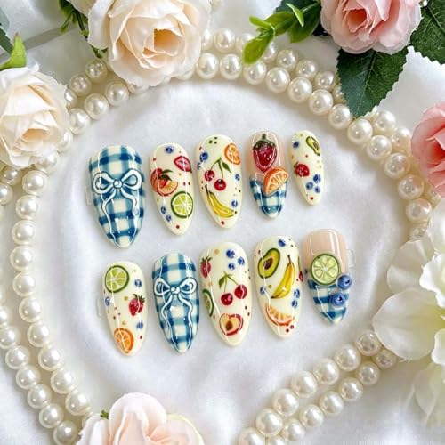 Medium Almond Press on Nails Bow Cherry Design False Nails 24Pcs