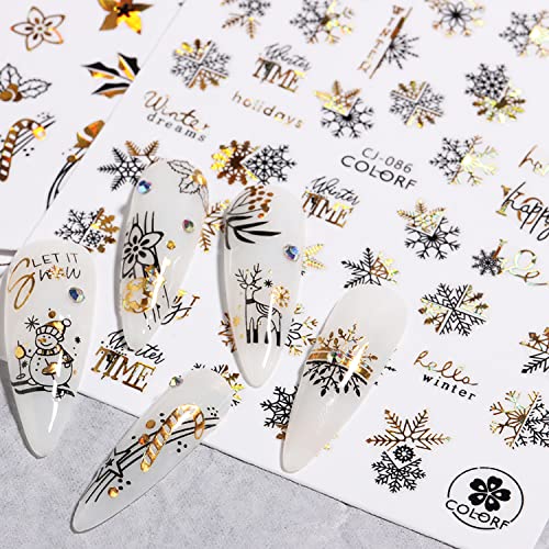 Vezocim Gold Christmas Nail Art Stickers - 9 Sheets Snowflake & Snowman Decals