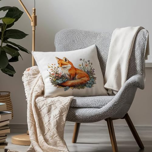 JINYO Floral Fox Pillow Covers 18x18 Inches, Soft Flannel Botanical Decor
