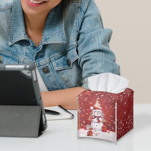 Doginthehole Xmas Snowman Tissue Box Cover - Cute Christmas Home Decor, Square PU Leather Dispenser with Belt Bottom
