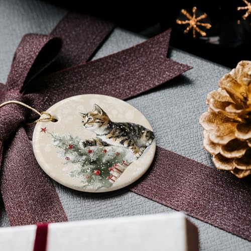 Christmas Cat Tree Ornament - Ceramic Round Hanging Keepsake - Cat Variation