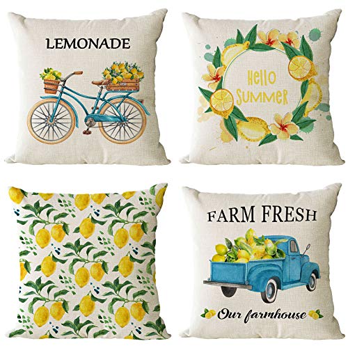 YeeJu Set of 4 Summer Decorative Pillow Covers - 16x16 Inch Lemon & Bicycle Design