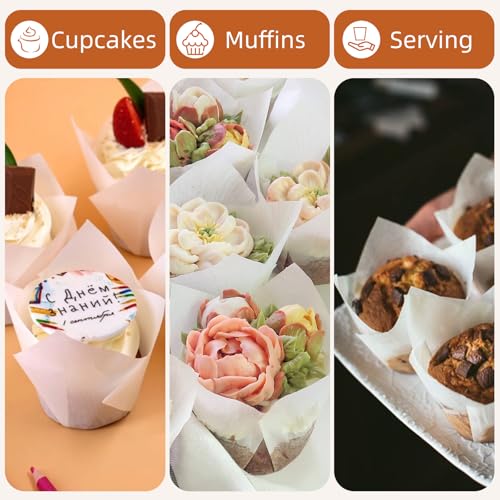 JIRNGLA 200pcs White Tulip Cupcake Liners, Greaseproof Parchment Muffin Cups