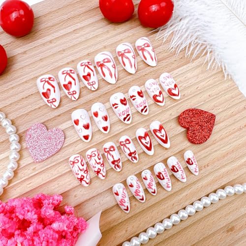Valentines Press on Nails Medium Almond Fake Nails with Pearls and Bows