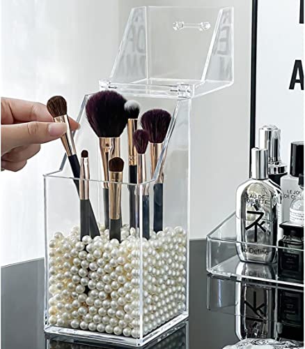 Clear Acrylic Makeup Brush Organizer with Dustproof Lid - 21 cm