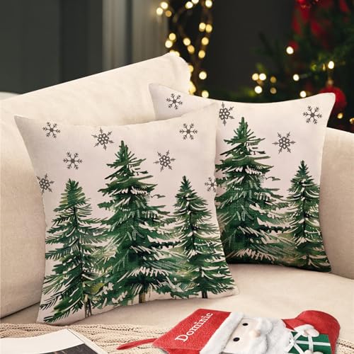 Green Pine Tree Christmas Throw Pillow Covers, 18x18 Set of 2