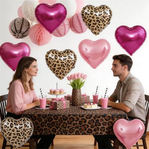 12PCS Hot Pink Leopard Print Heart Balloons - Foil Decorations