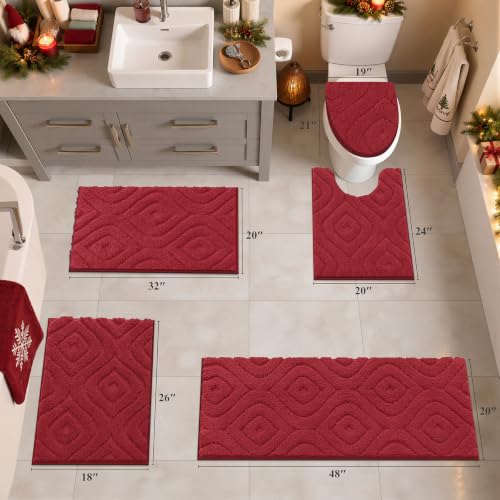 Christmas Bathroom Rugs Set 5 Piece with Non Slip Microfiber Mats - Red, 18x26, 20x32, 20x48, U-Shaped & Cover