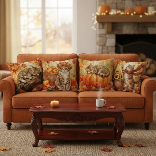 GAGEC Fall Cat Pillow Covers Set of 4, 18x18 inch Autumn Decor