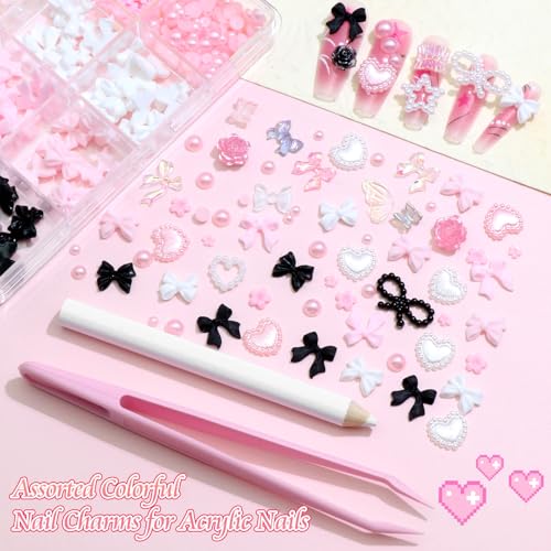 BELICEY 3D Nail Charms Set with Bows Flowers Crystals and Tools