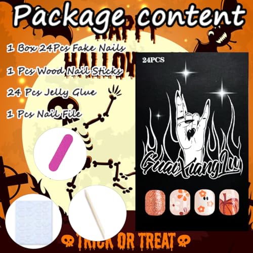 Halloween Press on Nails Medium Square Cute Ghost Pumpkin Fake Nails Kit