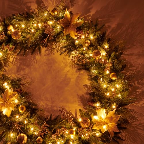 9FT Artificial Christmas Garland with Dual Color LED Lights - PVC, Gold Accents, Remote Timer