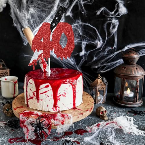 Red Glitter 40 Cake Topper with Blood Knife | Horror Party Decor