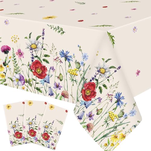Ganeen 3 Pcs Spring Floral Disposable Plastic Tablecloth 54x108