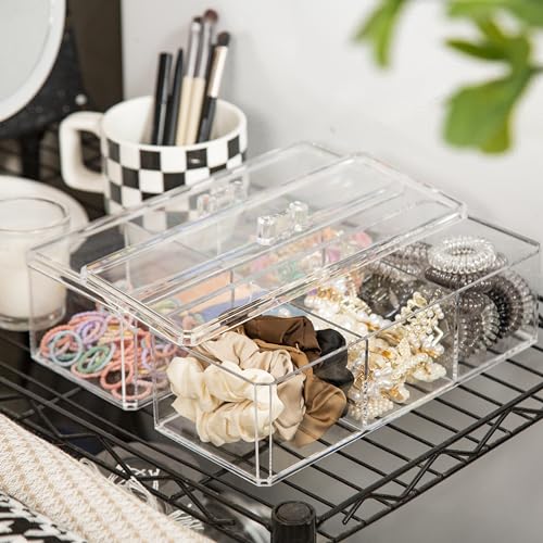 Acrylic Hair Accessories Organizer with Lid - 3 Compartments for Hair Ties, Clips & Bows