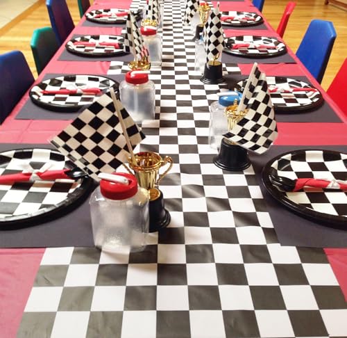Black and White Checkered Table Runner Set - 6 Pcs 14x108 Inch for Racing Theme Parties