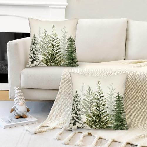 Green Watercolor Christmas Pillow Covers Set of 2 - 18x18 Inch Decorative Cushions