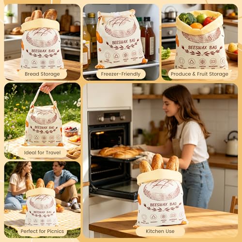 Beeswax Food Storage Bags - Reusable Cotton Bread Bags for Sourdough, 17x13 inches, 2 Pack