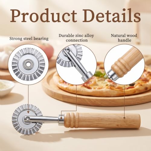 Fluted Pastry Wheel Cutter - 6.3 Inch Metal Dough Cutter with Oak Handle