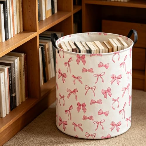 Collapsible Waterproof Laundry Basket - 19.7" Hamper with Handles (Pink Bowknot)