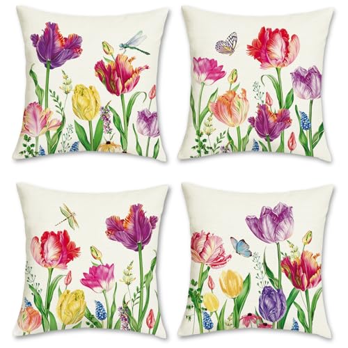 Bonhause Tulip Floral Throw Pillow Covers, 18x18 Inch Set of 4, Spring Decor