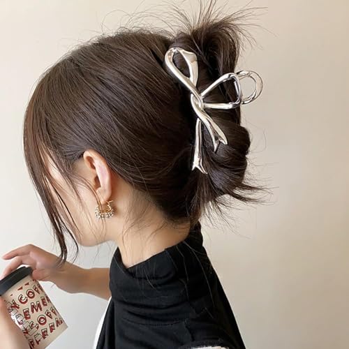 Metal Silver Hair Claw Clip with Ribbon Bow for Thick Hair