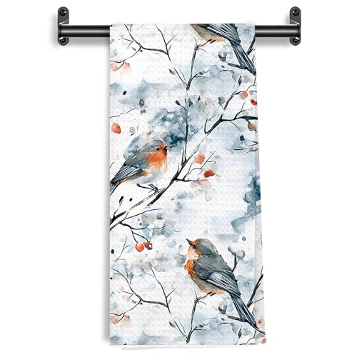 Christmas Robin Bird Kitchen Towels - Holiday Watercolor Dish Drying Cloth, 16x24 Inch - Variation Christmas-21
