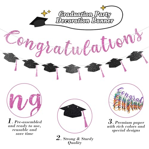 Pink Glitter Congratulations Banner for Graduation Party Class of 2026