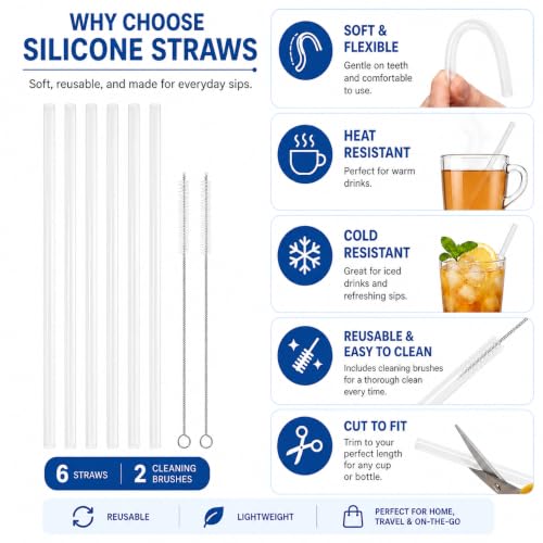 Reusable Silicone Replacement Straws, 12.6 inch, 6 Pack with Cleaning Brushes