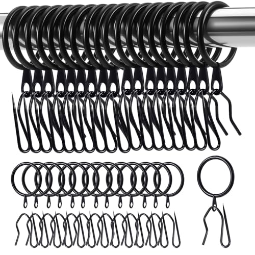 30Pcs Black Metal Curtain Rings with Hooks - 30mm Diameter