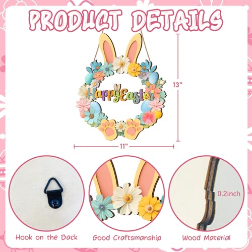 Easter Wooden Door Wreath 13" Happy Easter Sign for Front Porch Decor