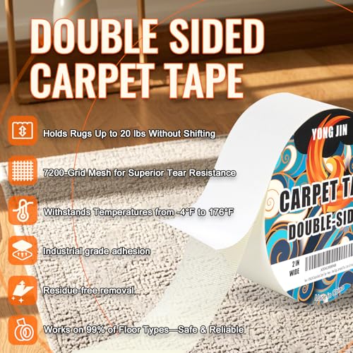 YONGJIN Double-Sided Carpet Tape 2 Inch x 10 Yards - Heavy-Duty, Residue-Free