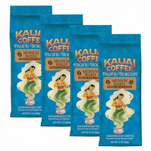 Kauai Coffee Whole Bean Medium Roast 10oz Pack of 4 - Hawaiian Arabica, Light Floral & Bright Aroma