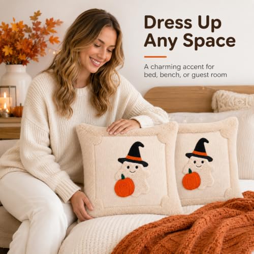 Halloween Ghost Throw Pillow Covers 18x18, Soft Plush Set of 2