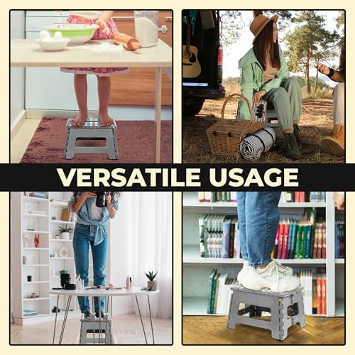 Utopia Home Folding Step Stool - 9-Inch Anti-Slip Collapsible Design - Supports Up to 300 lbs - Grey Plastic for Kitchen & Bathroom Use