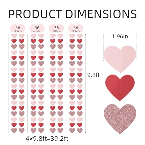 39.2FT Pink Red Glitter Heart Garland - Perfect for Celebrations