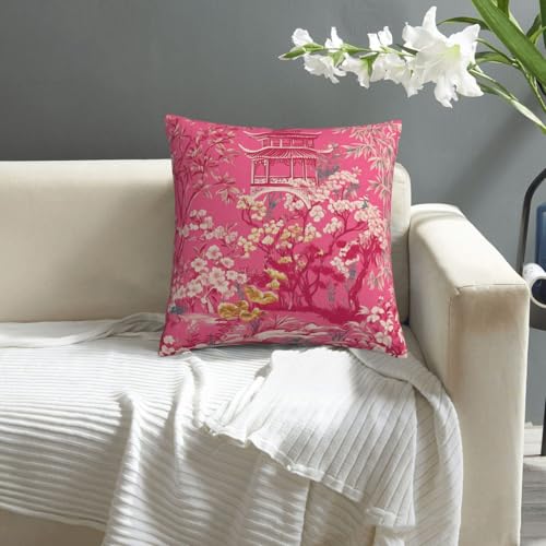 Chinoiserie Pink Pagoda Throw Pillow Cover - 18x18 Inch Plush Case